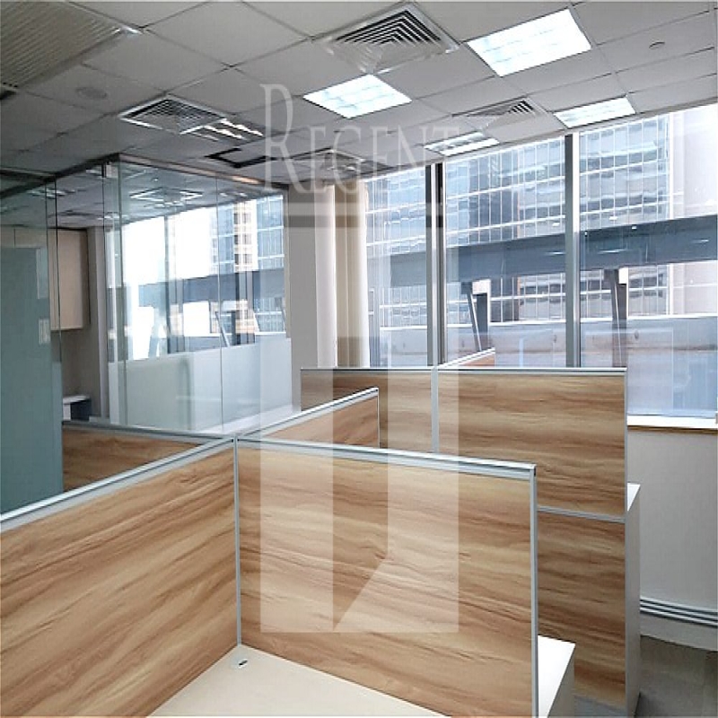 Modern glass skyscrapers in a business district