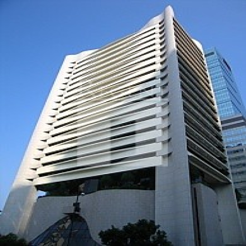 Modern glass skyscrapers in a business district