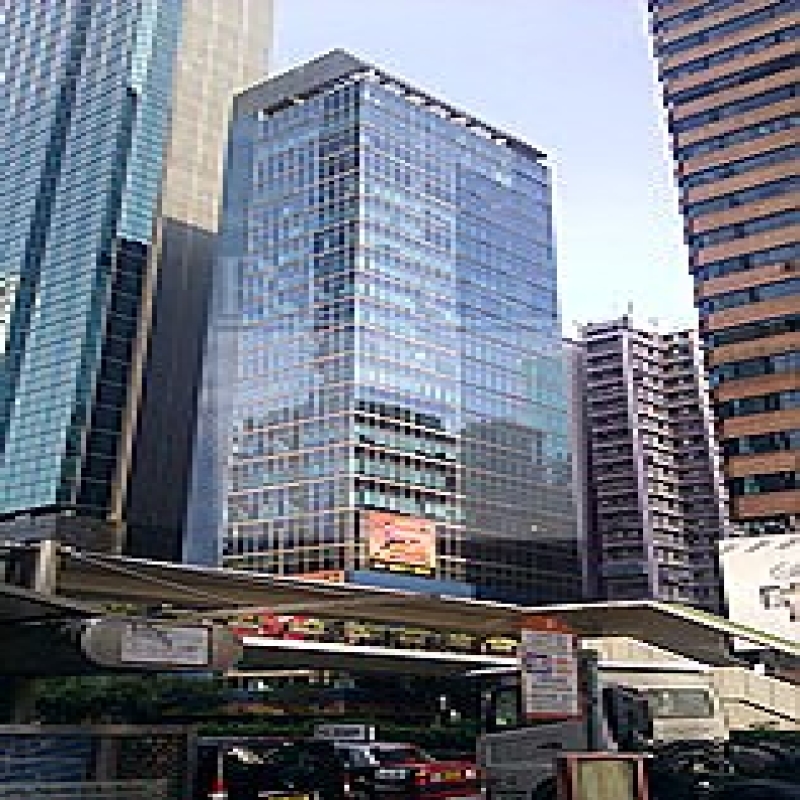 Modern glass skyscrapers in a business district