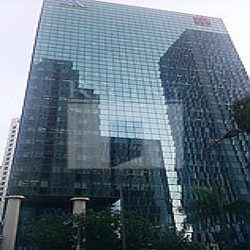 Modern glass skyscrapers in a business district