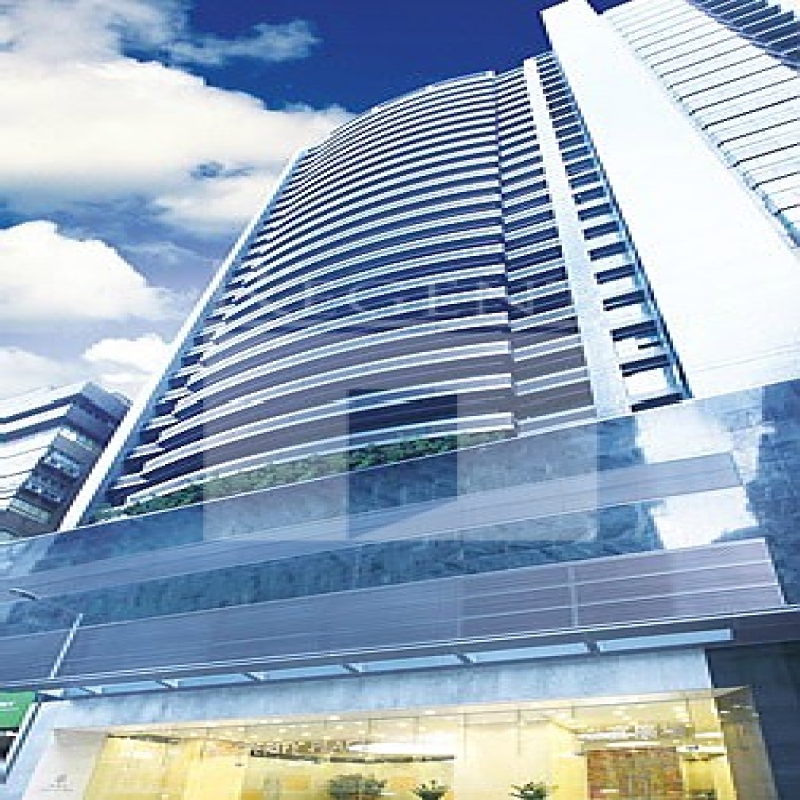 Modern glass skyscrapers in a business district