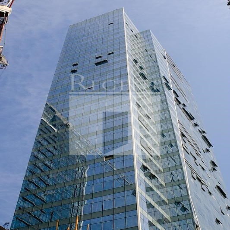 Modern glass skyscrapers in a business district