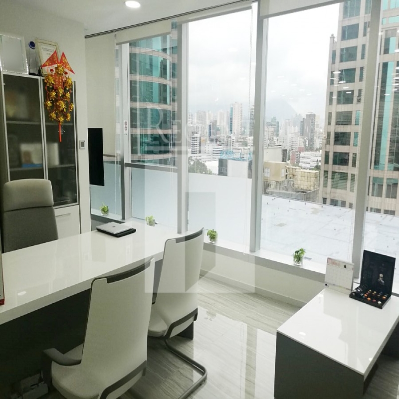 Modern glass skyscrapers in a business district