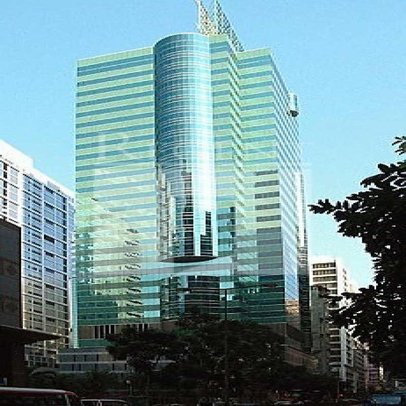 Modern glass skyscrapers in a business district
