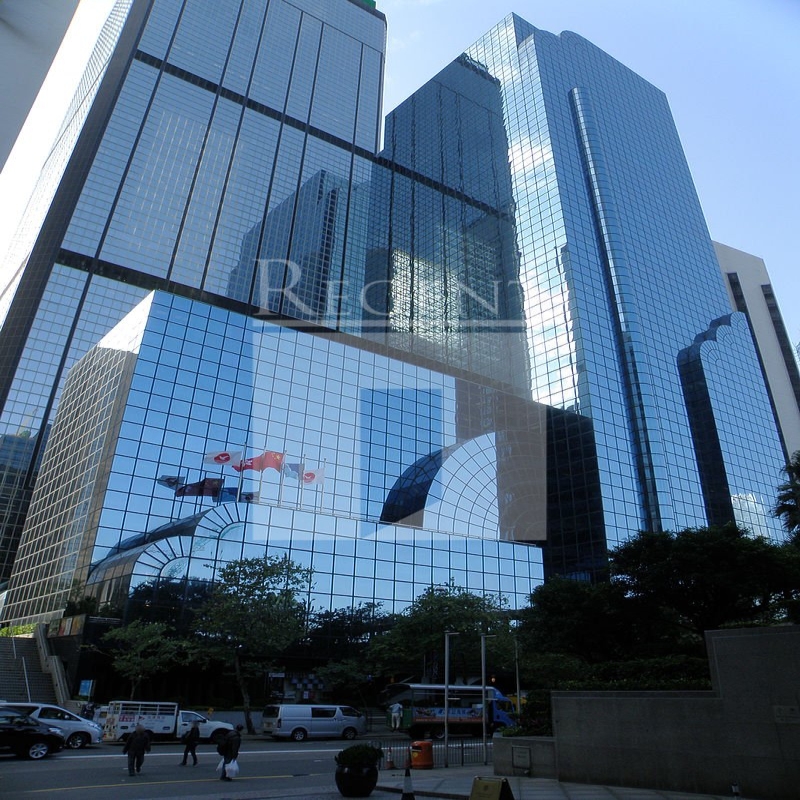 Modern glass skyscrapers in a business district
