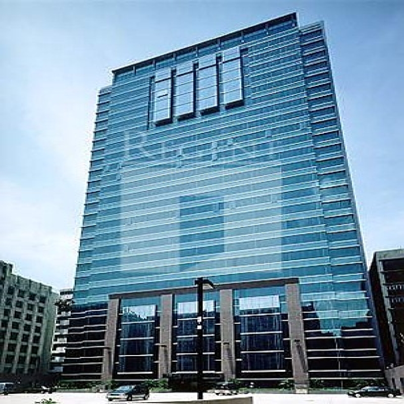 Modern glass skyscrapers in a business district