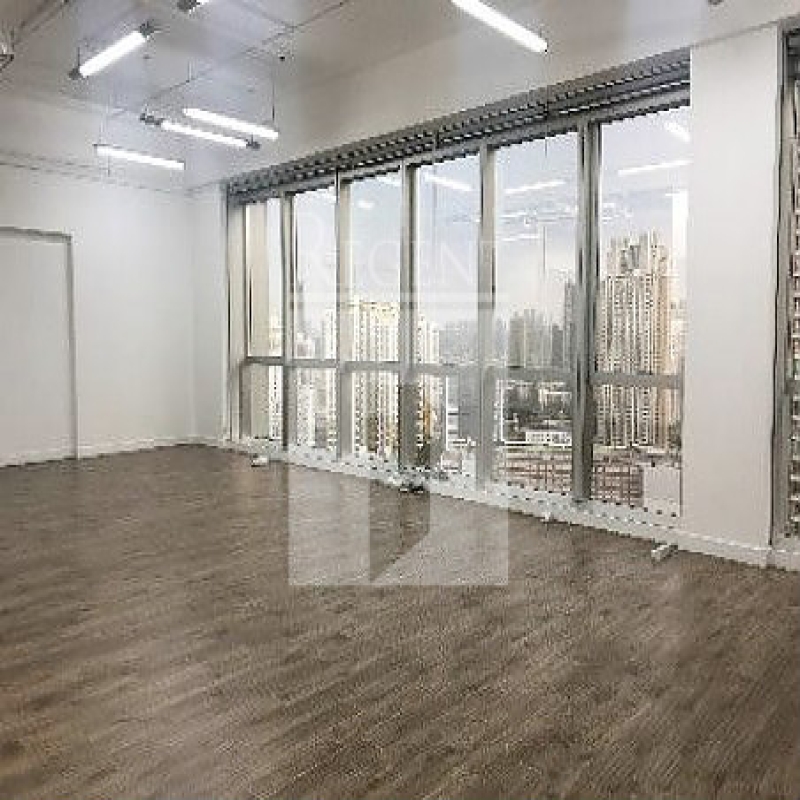 Modern glass skyscrapers in a business district