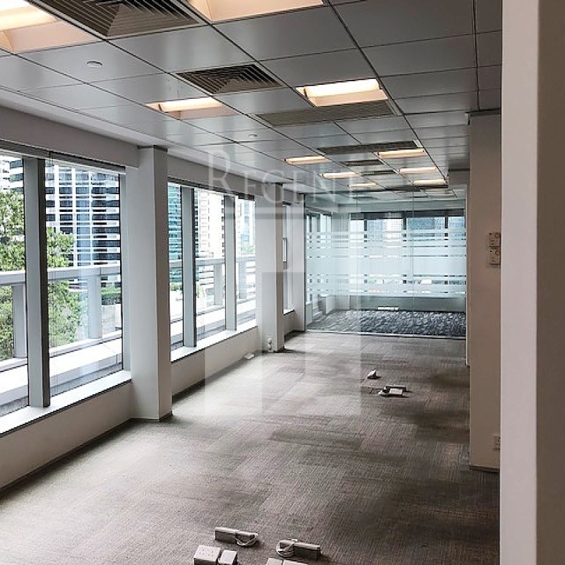 Modern glass skyscrapers in a business district