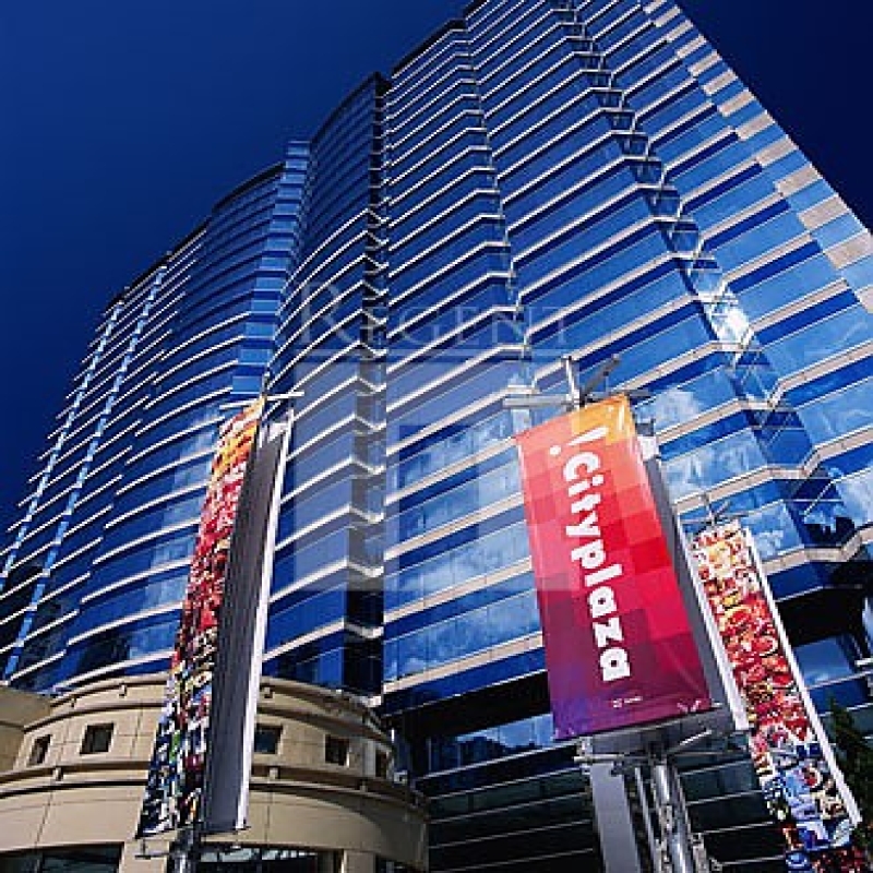 Modern glass skyscrapers in a business district