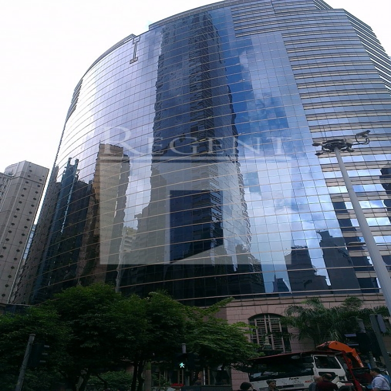 Modern glass skyscrapers in a business district