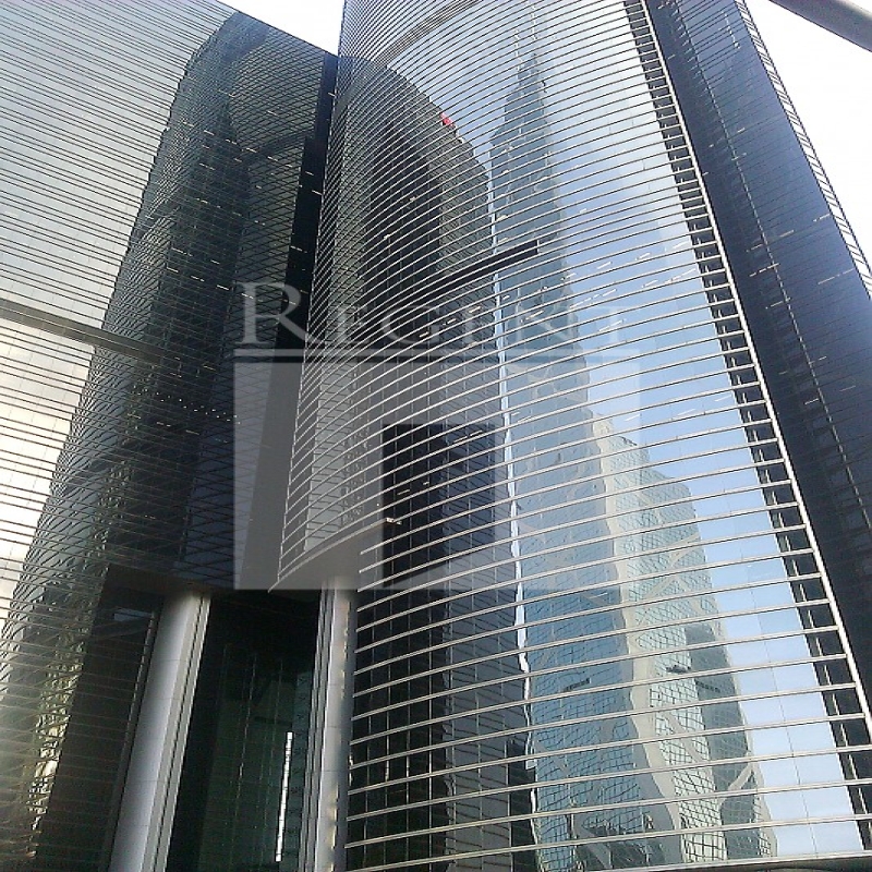 Modern glass skyscrapers in a business district