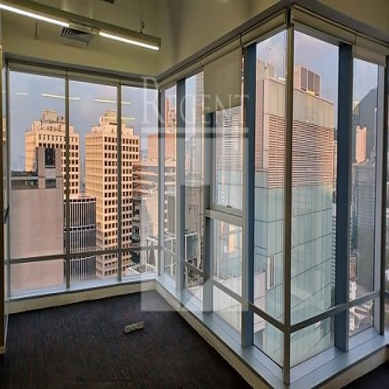 Modern glass skyscrapers in a business district