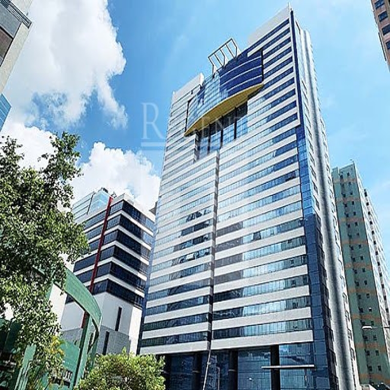 Modern glass skyscrapers in a business district