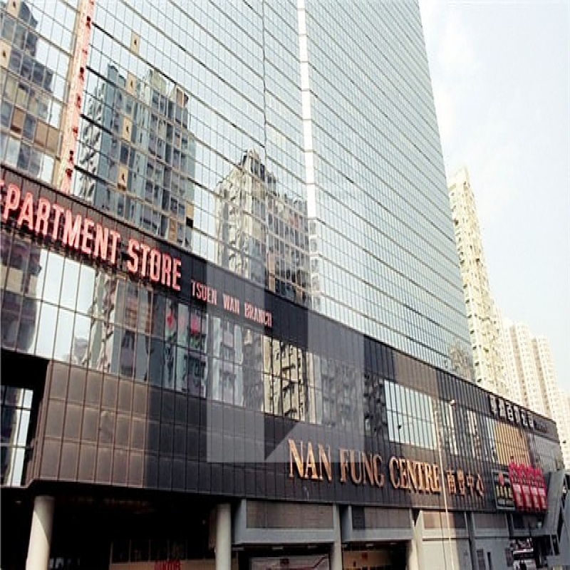 Modern glass skyscrapers in a business district