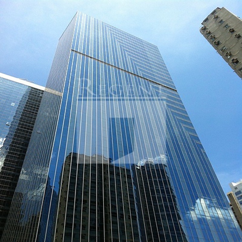 Modern glass skyscrapers in a business district