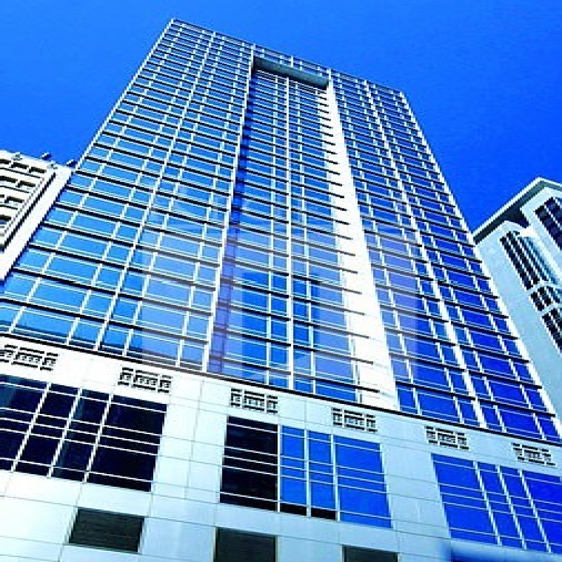 Modern glass skyscrapers in a business district