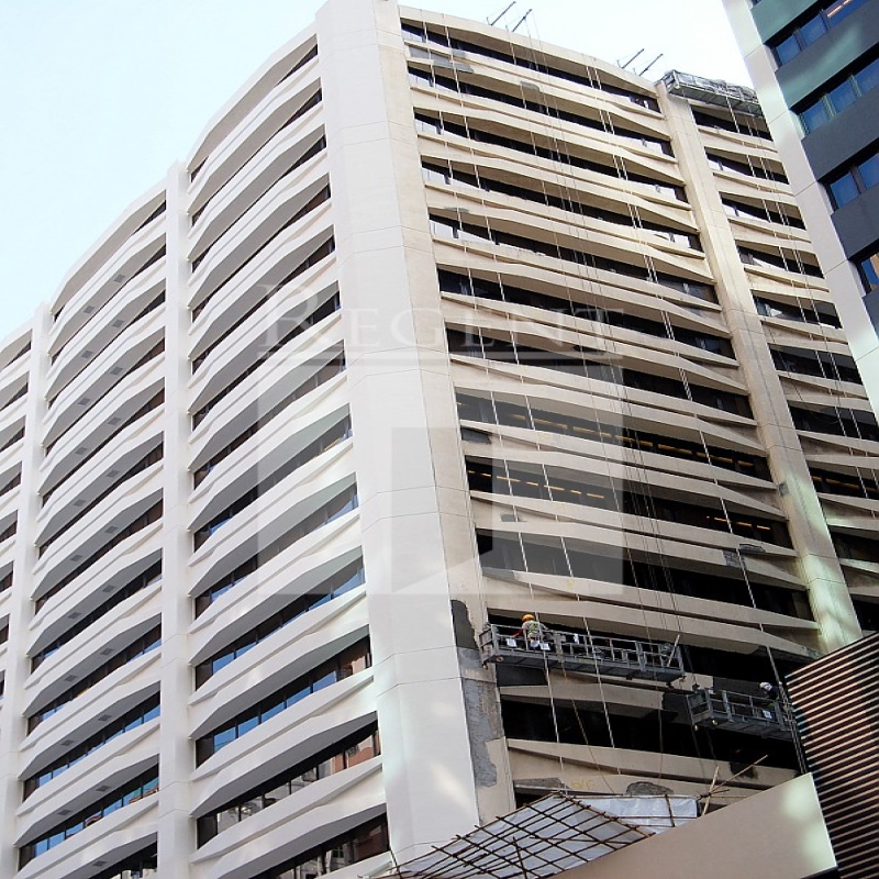 Modern glass skyscrapers in a business district