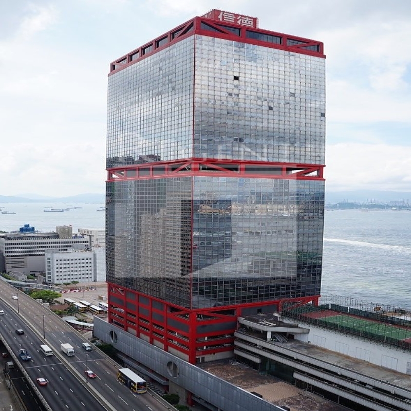 Modern glass skyscrapers in a business district