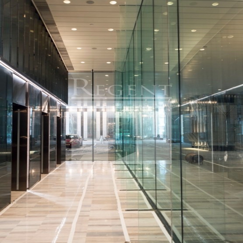 Modern glass skyscrapers in a business district