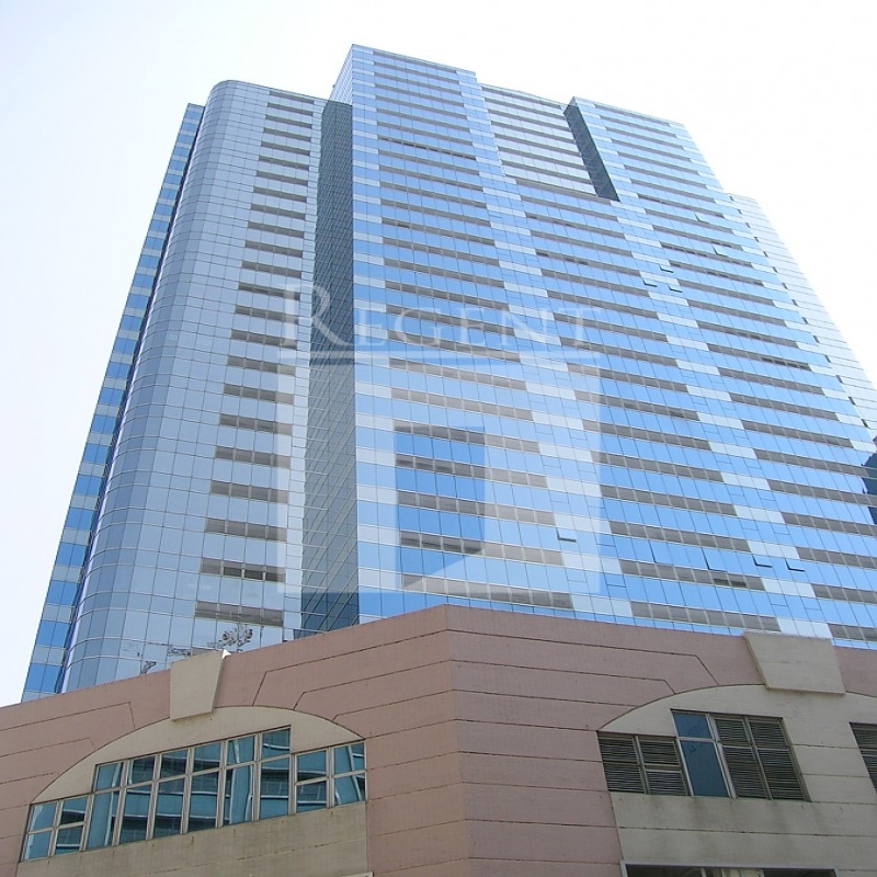 Modern glass skyscrapers in a business district
