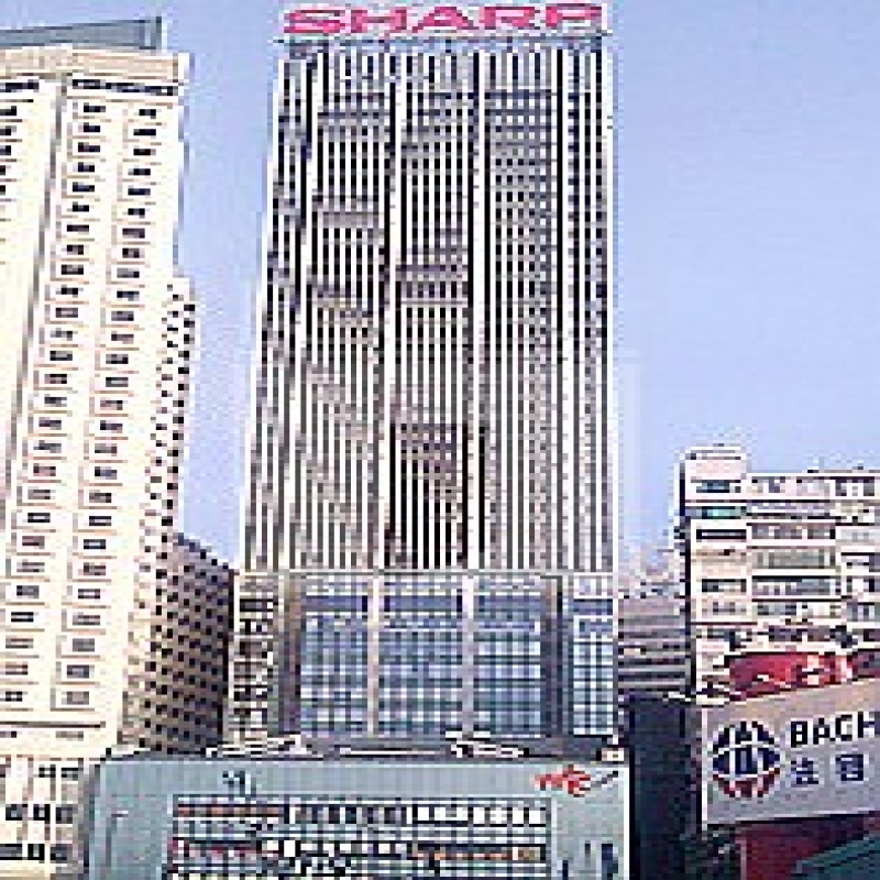 Modern glass skyscrapers in a business district