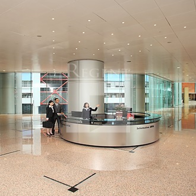 Modern glass skyscrapers in a business district