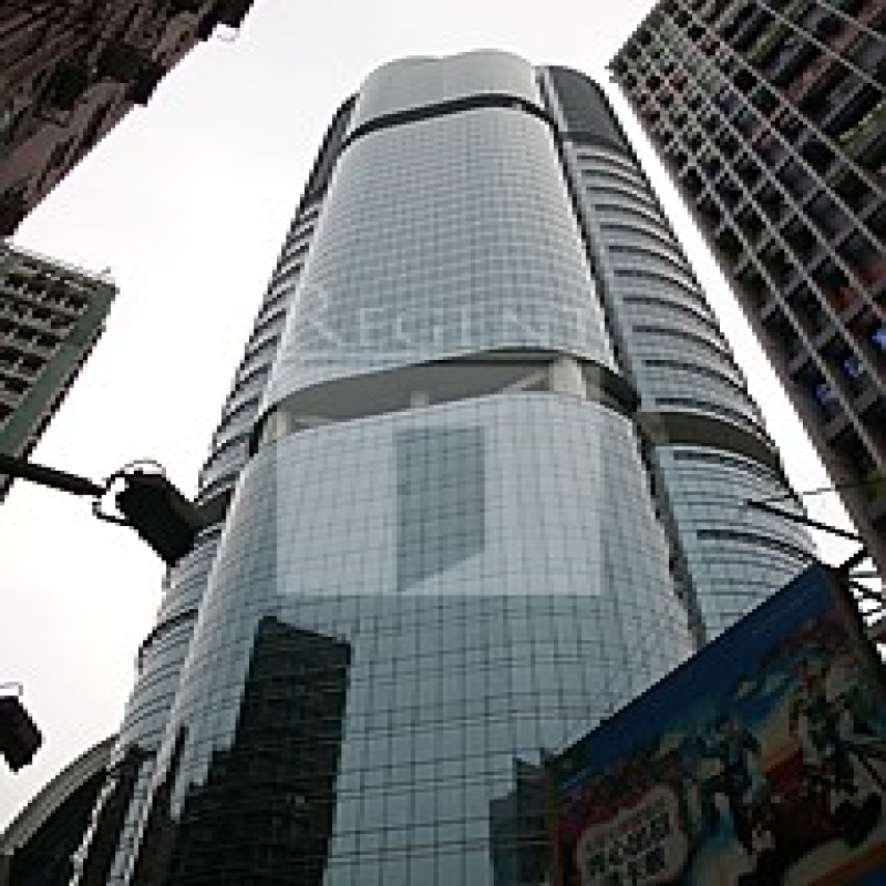 Modern glass skyscrapers in a business district