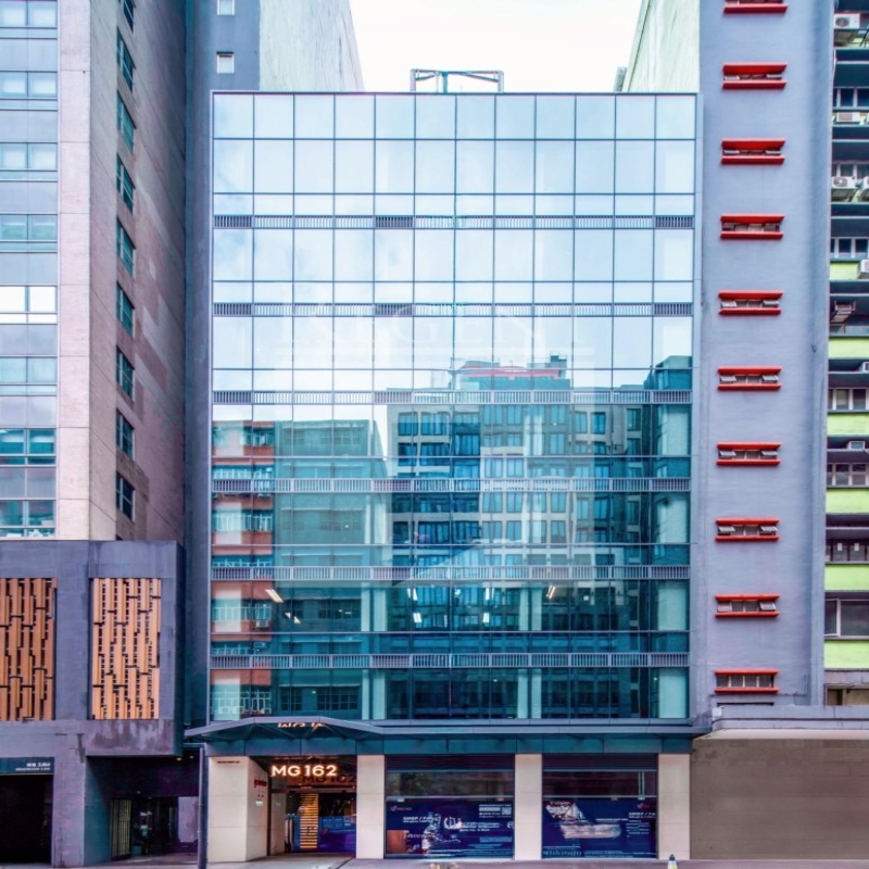 Modern glass skyscrapers in a business district