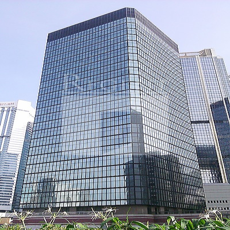 Modern glass skyscrapers in a business district