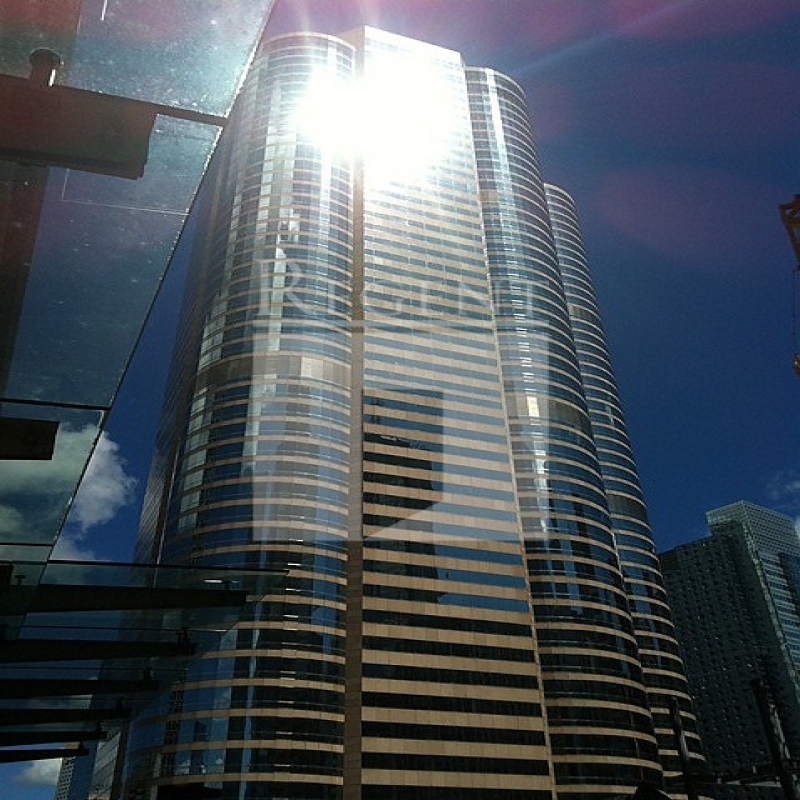 Modern glass skyscrapers in a business district