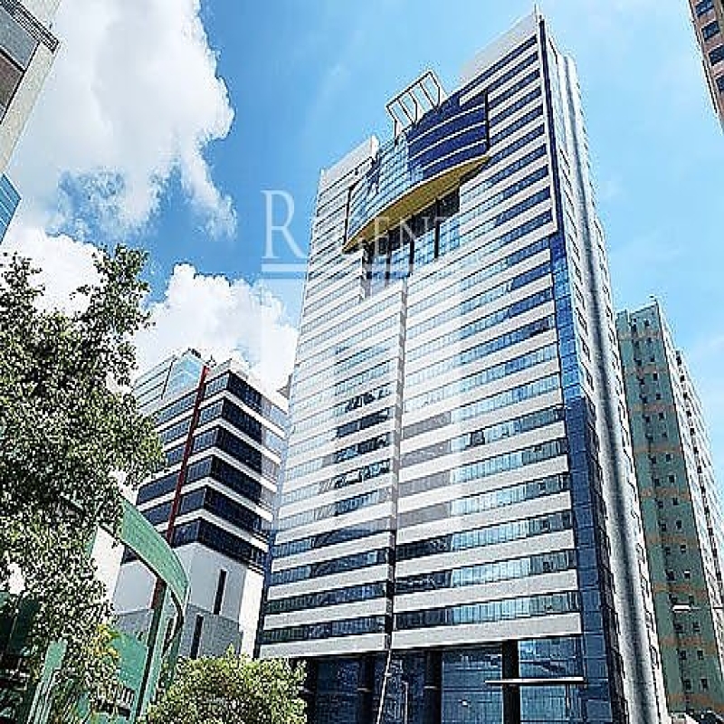 Modern glass skyscrapers in a business district