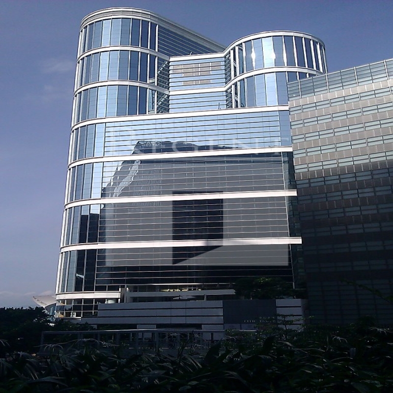 Modern glass skyscrapers in a business district