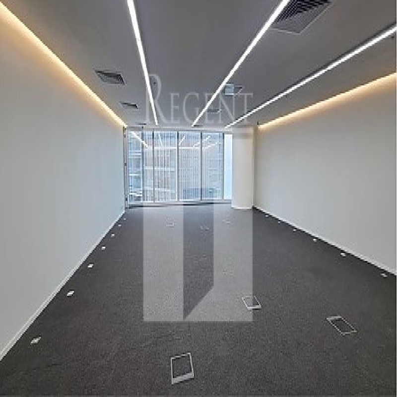 Modern glass skyscrapers in a business district