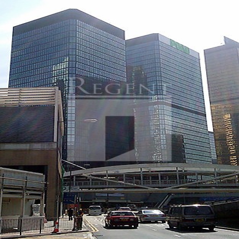 Modern glass skyscrapers in a business district